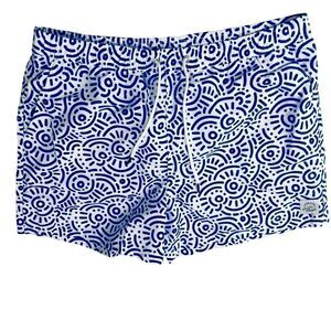 NEW Agos & Co Blue White Geometric Print  Drawstring Men’s Swim Trunks Sz 2XL